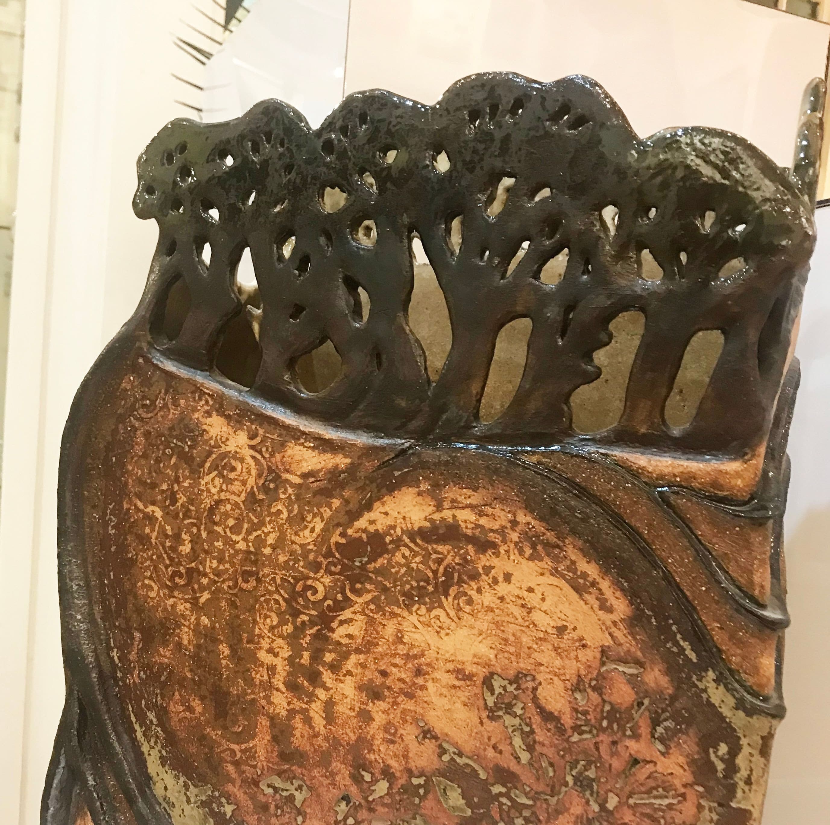 3D Highly Commended - Helen Jackson for her Ceramic piece “Earthflow” with additional description “Stoneware, slab constructed, hand formed, glazed”.